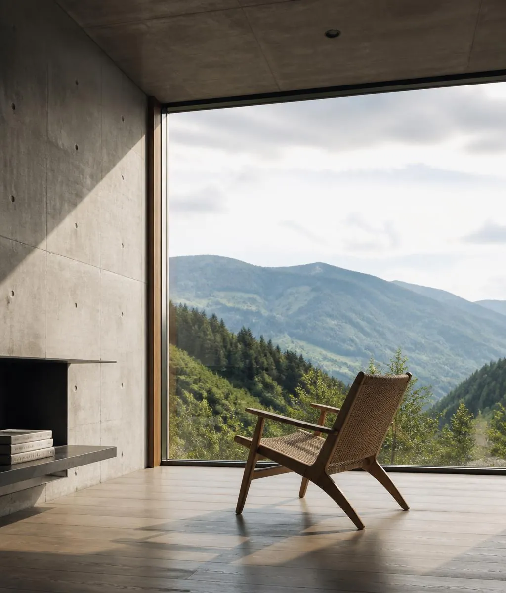 Architektonischer Innenraum aus Sichtbeton mit Blick in die Landschaft