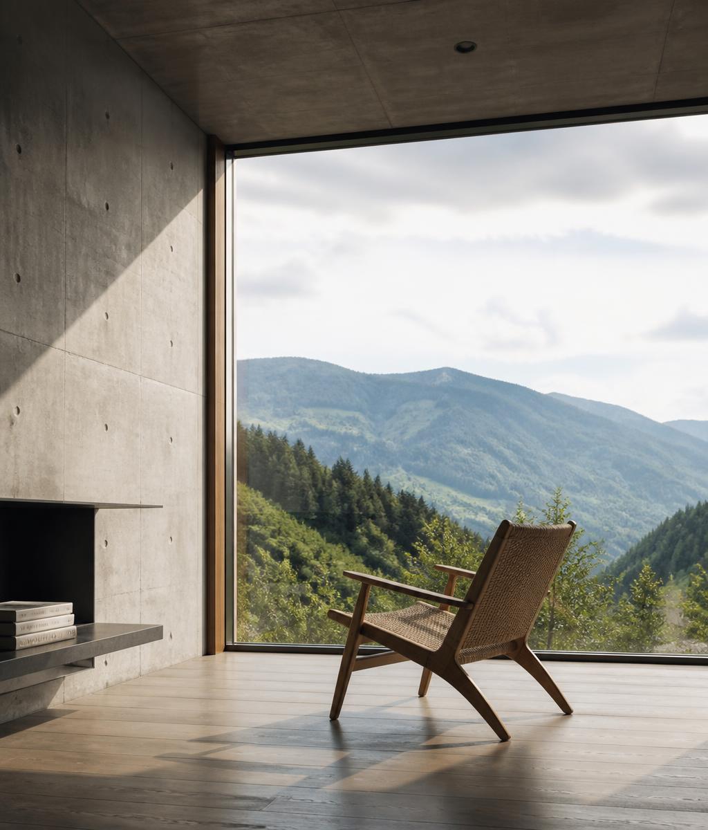 Architektonischer Innenraum aus Sichtbeton mit Blick in die Landschaft