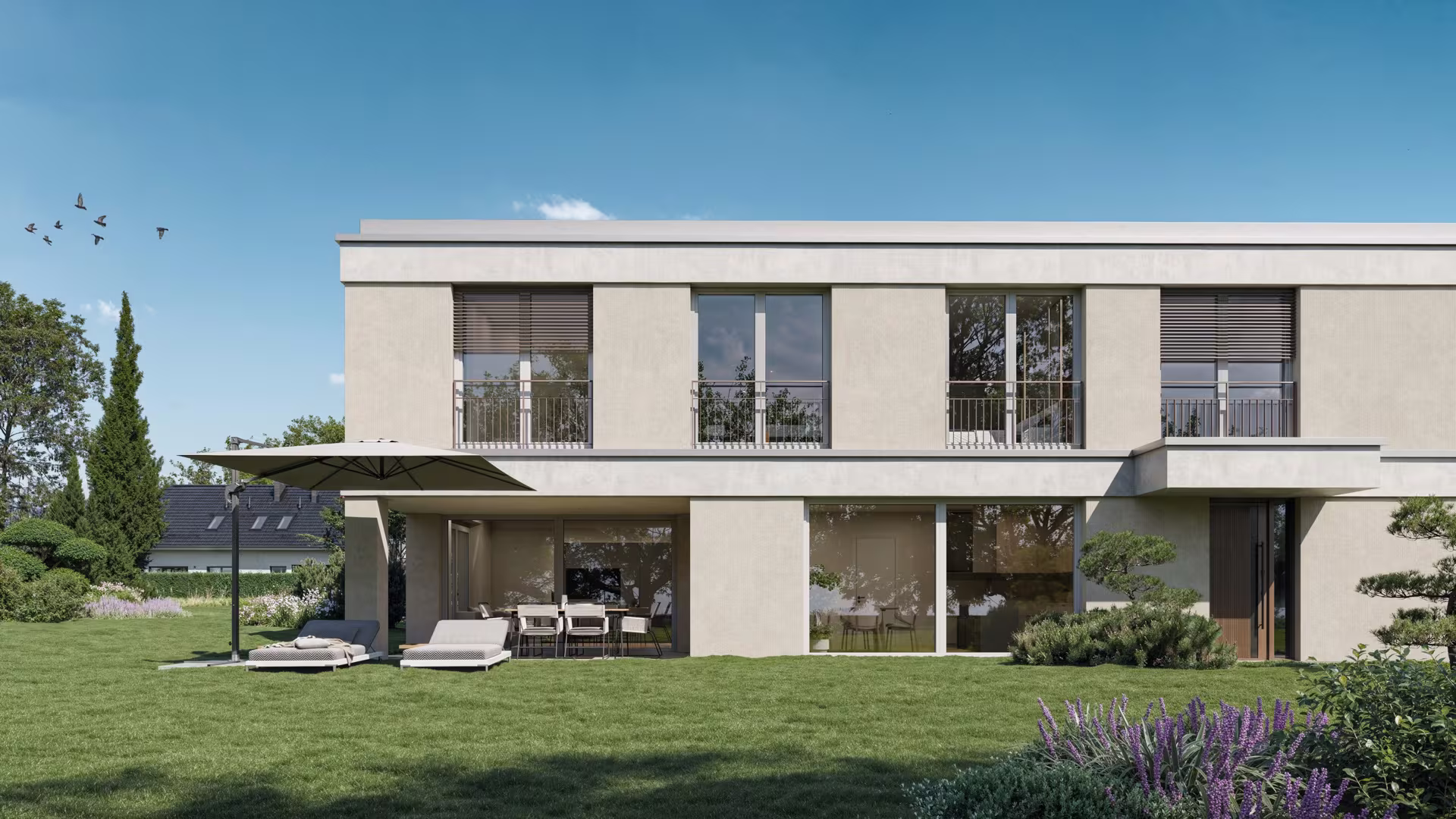 Visualisierung des Neubaus in Bichelsee mit Garten und Terrasse