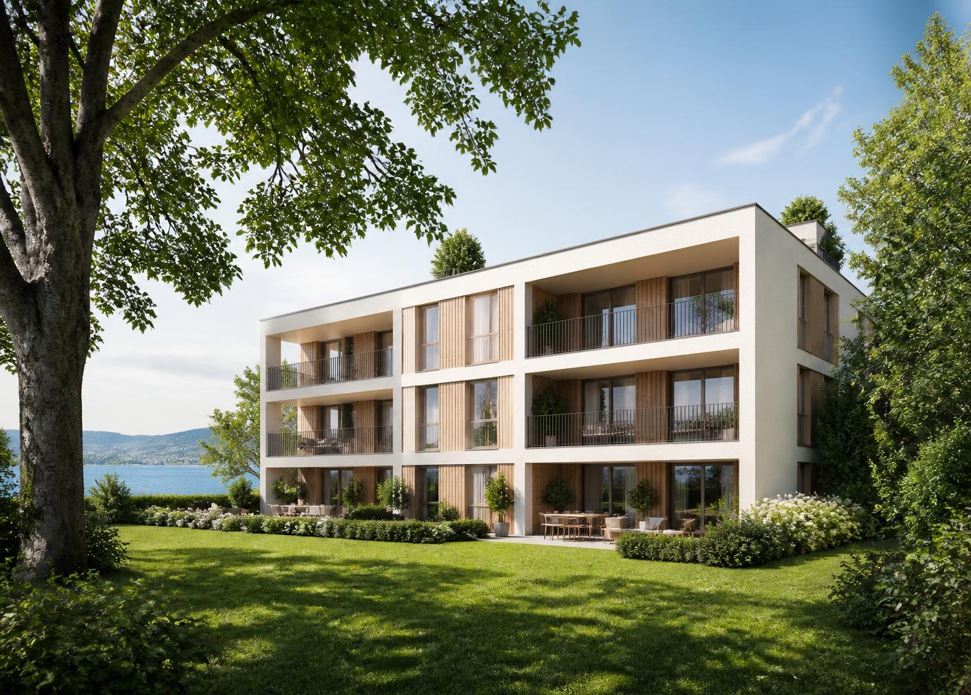 Visualisierung der Wohnüberbauung Seeblick in Rorschach mit Holzfassade und Blick auf den Bodensee